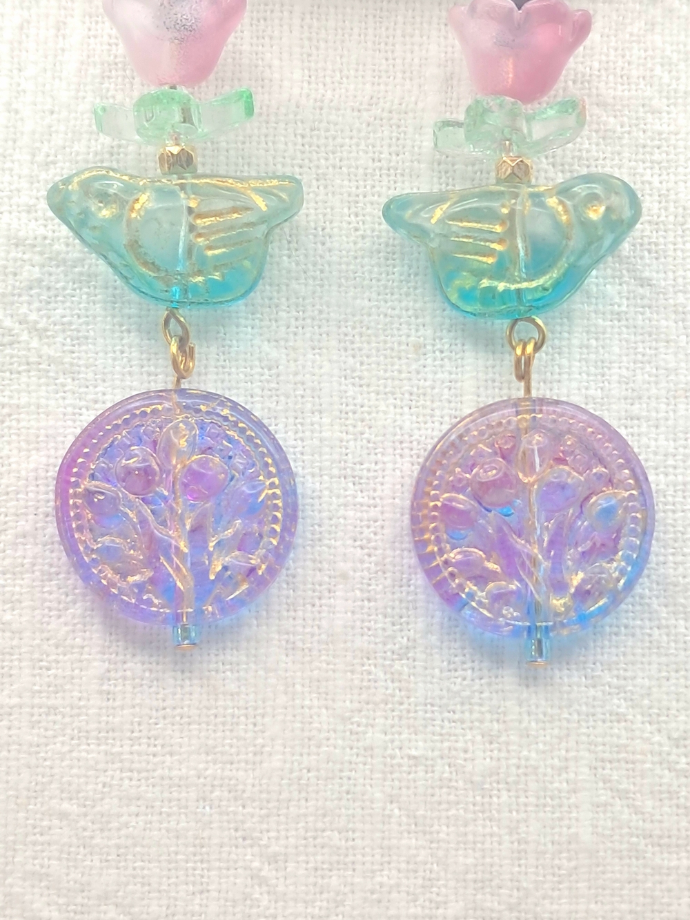 Nature Inspired Czech Glass Bird & Floral Drop Dangle Earrings Jewelry Colorful - Picture 6 of 8